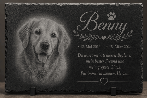Gedenktafel für Hund Benny mit Gravur und Bildern, mit Daten und einem herzlichen Hinweis.