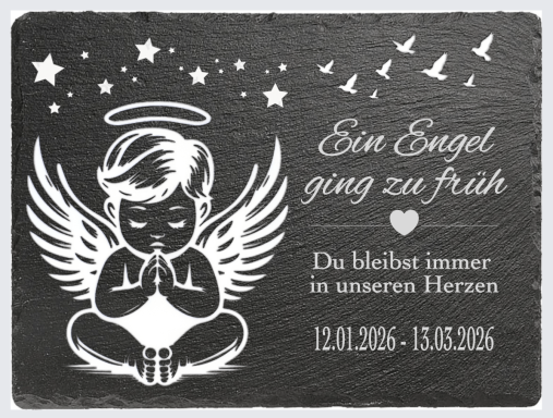 Engel mit Flügeln in Gebetshaltung, umgeben von Sternen und Vögeln, mit Datum und Text.