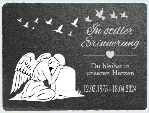 Trauerschriftzug mit Engel, Stein und Vögeln; Inschrift in Erinnerung an einen Verstorbenen.