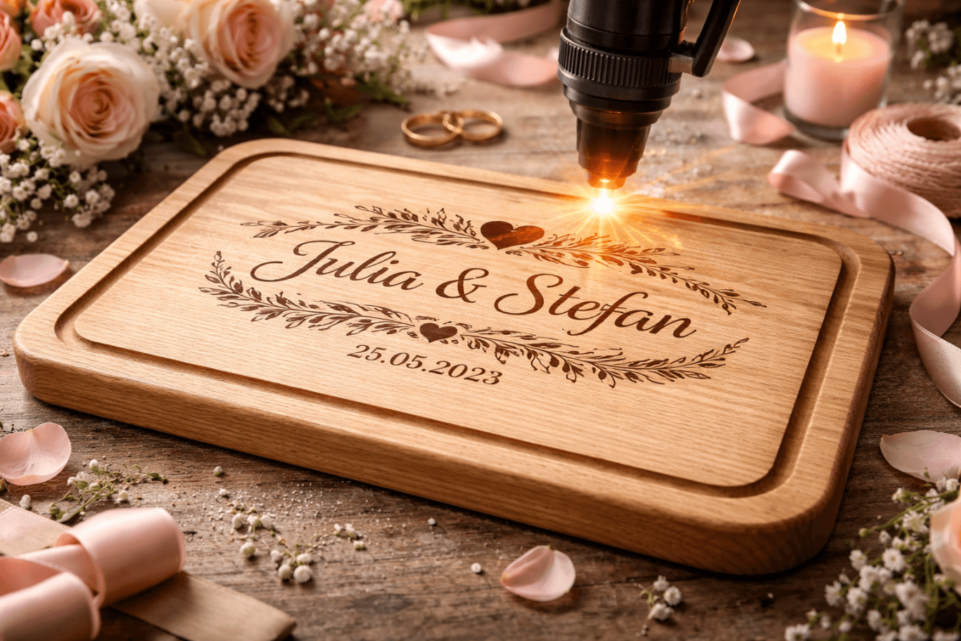 Holzbrett mit gravierten Namen "Julia & Stefan" und dekorativen Blumenmotiven. Zur Hochzeit.