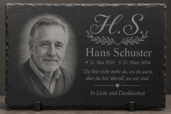 Gedenktafel für Hans Schuster mit Porträt und persönlicher Aussage.