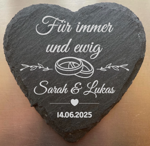 Schieferherz 25x25 cm Hochzeit Für immer und ewig Ringsymbol Herz und Namen mit Datum