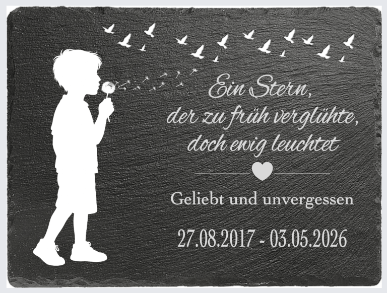 Schiefertafel Junge mit Pusteblume Vögel und Text