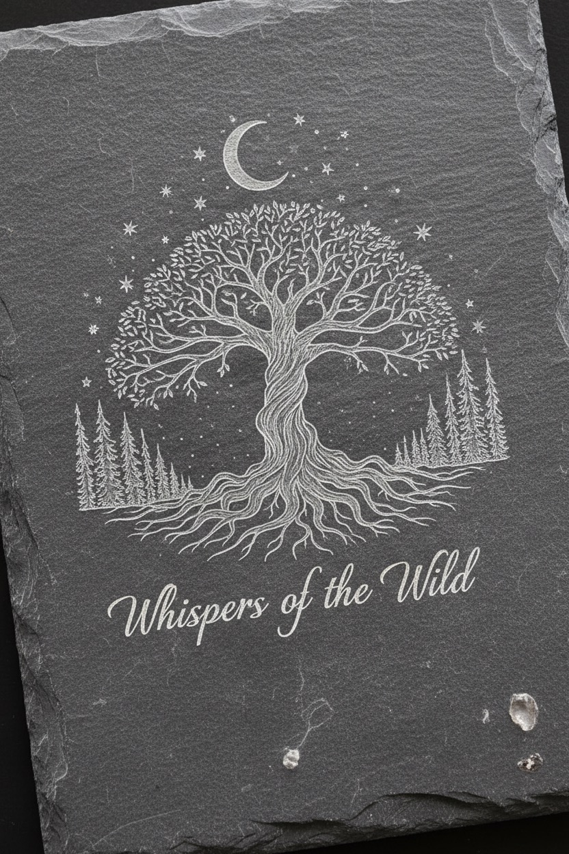 Eine dunkle Schieferplatte zeigt die weiße Gravur eines großen Baumes unter einem Halbmond, umgeben von Sternen und Tannen, mit dem Schriftzug „Whispers of the Wild“ am unteren Rand.