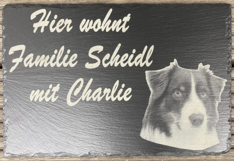 Schiefertafel mit Text und Hundemotive