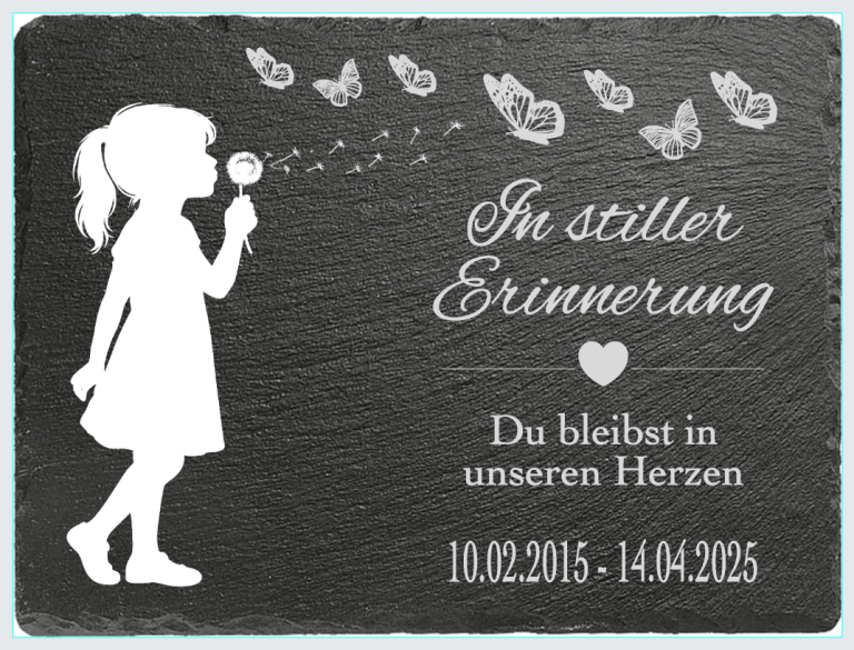 Schiefertafel Mädchen mit Pusteblume Schmetterling Herz und Text