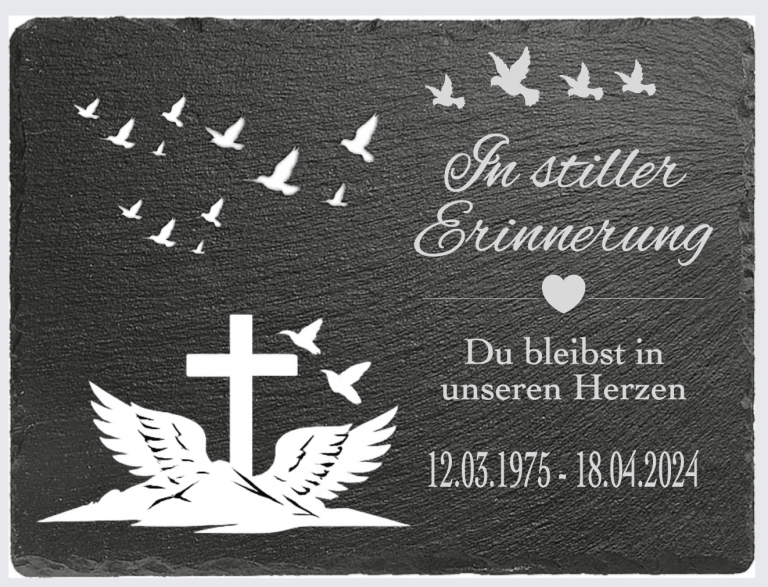Schieferplatte vögel Flügeln Kreuz mit Text