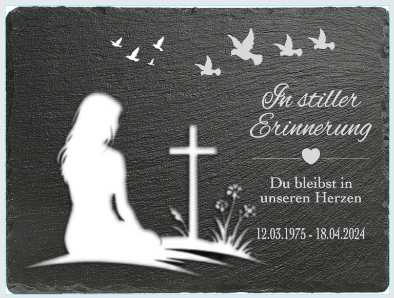Schiefertafel Frau Kreuz Vögel und Text