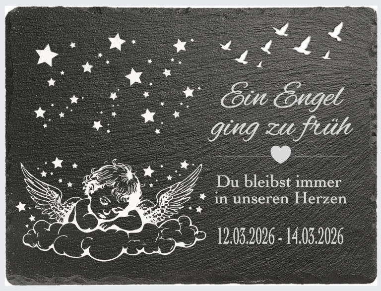 Schiefertafel Engel Sterne Vögel und Text