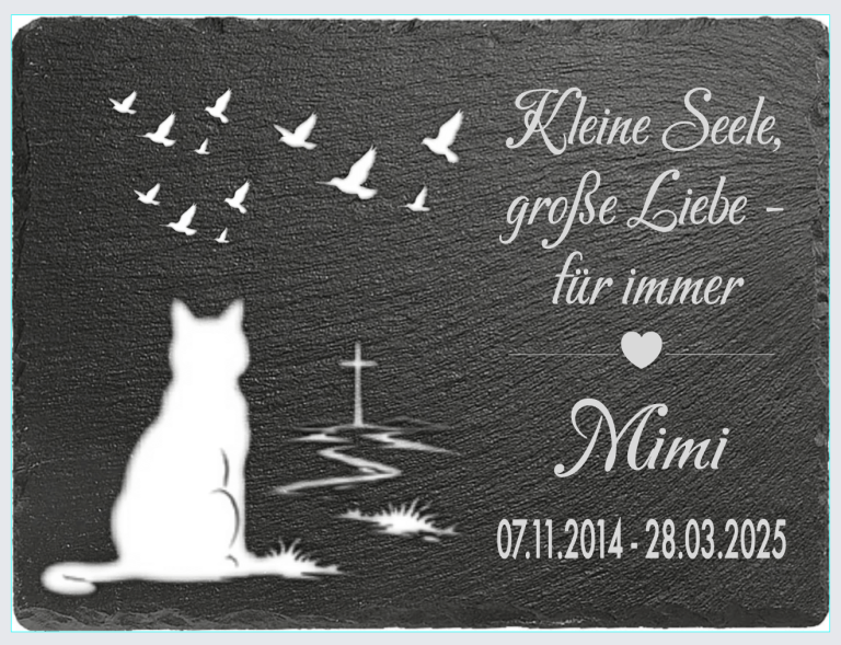 Schieferplatte Katze Vögeln Kreuz und Text
