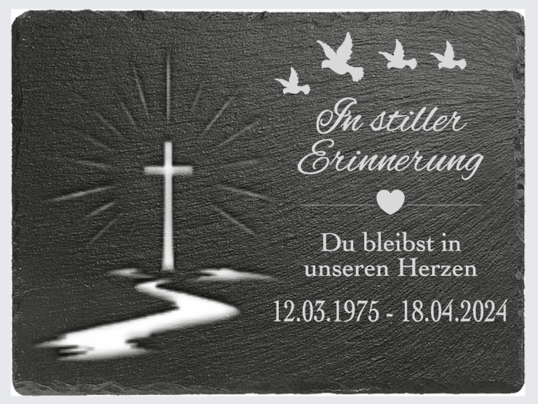 Schiefertafel Kreuz Vögel und Text