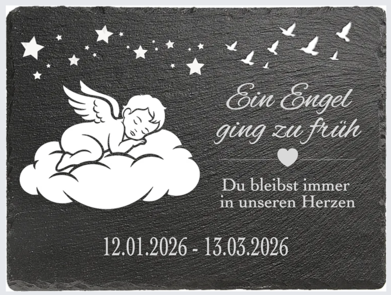 Schiefertafel Engel auf Wolke Sterne und Vögel mit Text