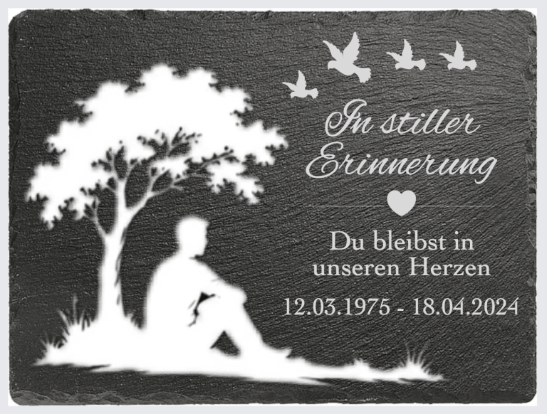 Schieferplatte Mann unter Baum und Text