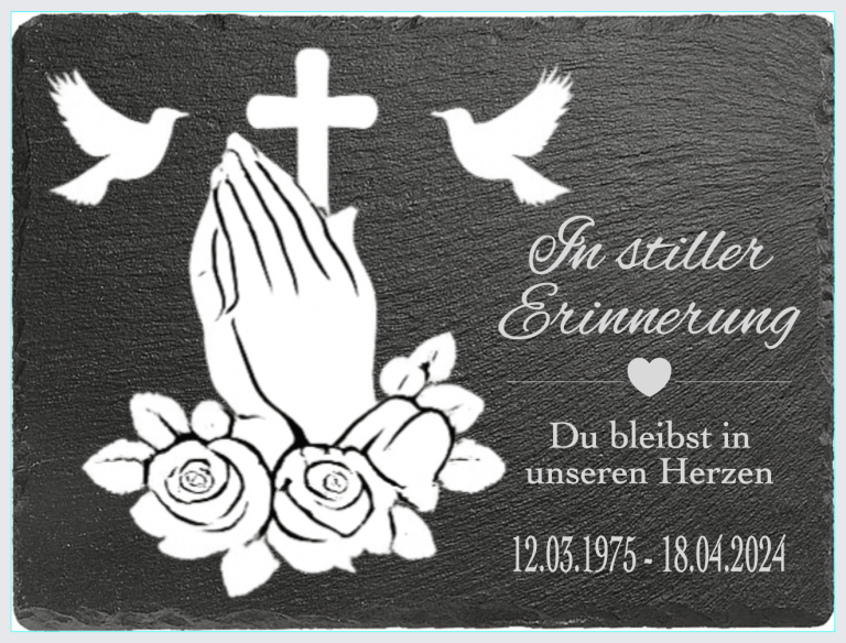 Schiefertafel betender Hand mit Kreuz Vögel und Text