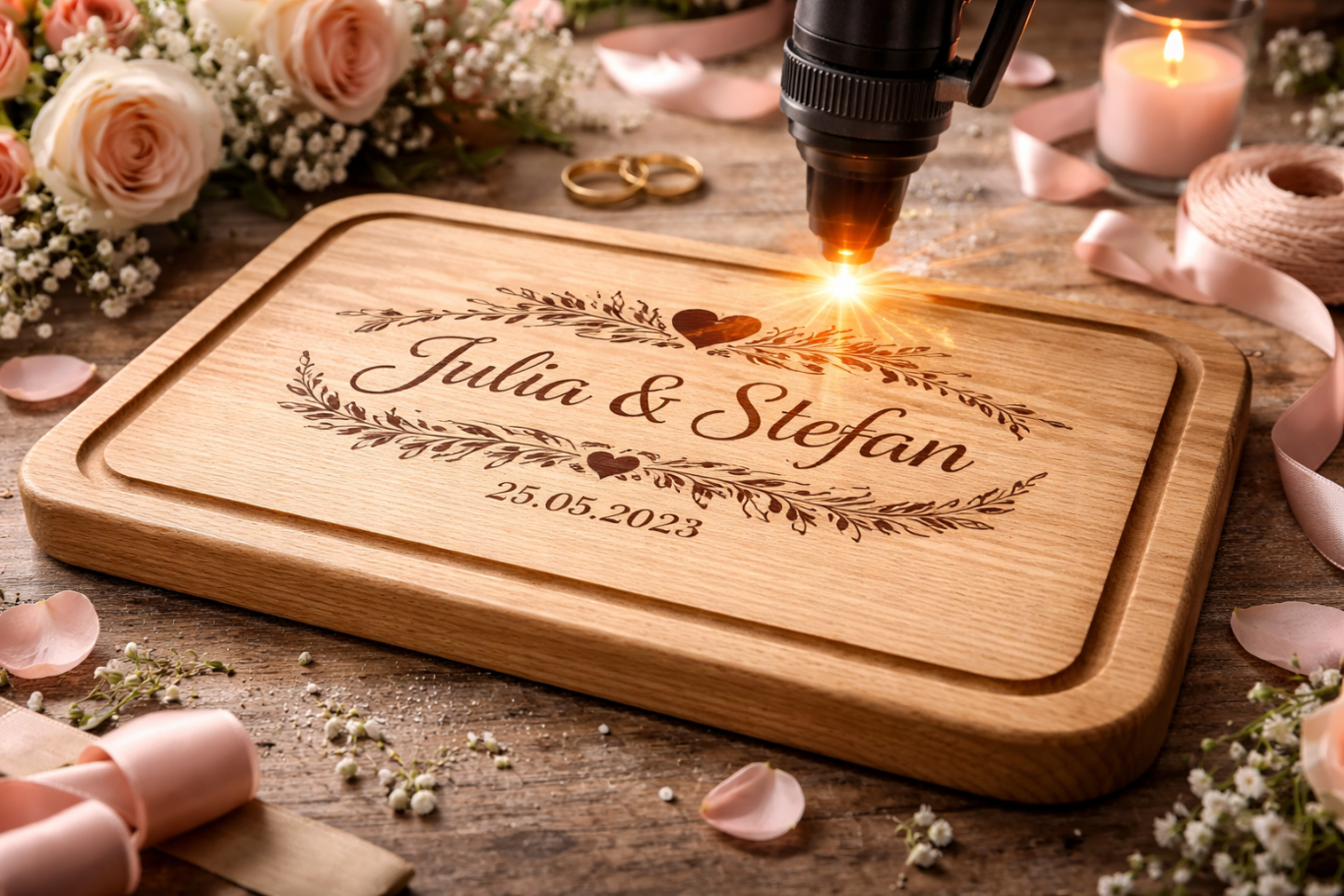 Holzbrett mit gravierten Namen "Julia & Stefan" und dekorativen Blumenmotiven.